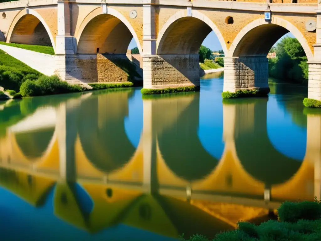 El antiguo Puente de Tiberio en Rimini, Italia, capturado desde abajo, resaltando sus arcos de piedra, pilares cubiertos de musgo y el río Marecchia