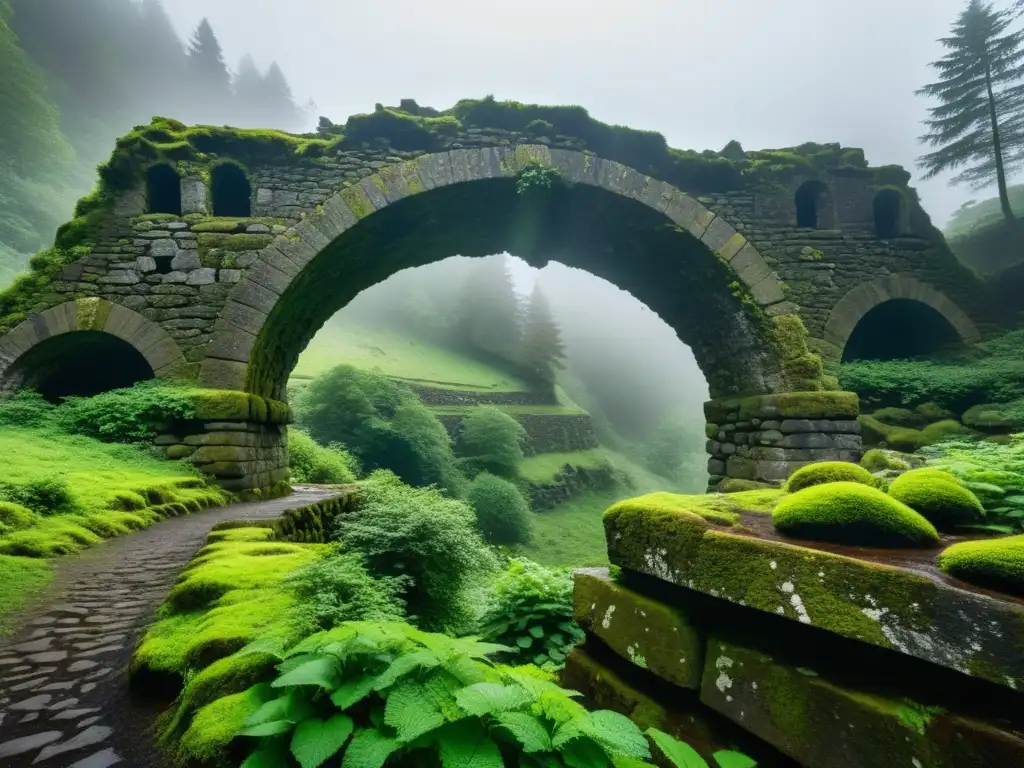 Los antiguos arcos de piedra cubiertos de musgo del Puente del Diablo en Alemania, con un bosque brumoso al fondo y un aire de encanto siniestro