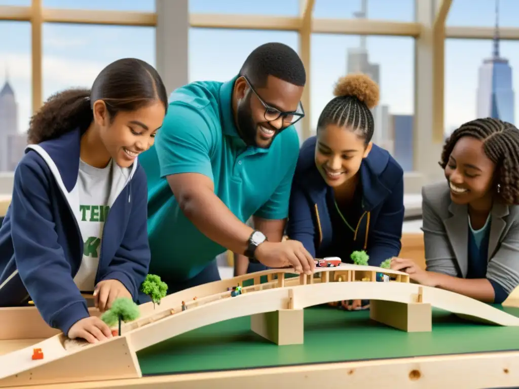 Fomentando aprendizaje STEM con puentes urbanos: estudiantes diversos construyen un puente en un entorno educativo urbano, colaborativo y práctico