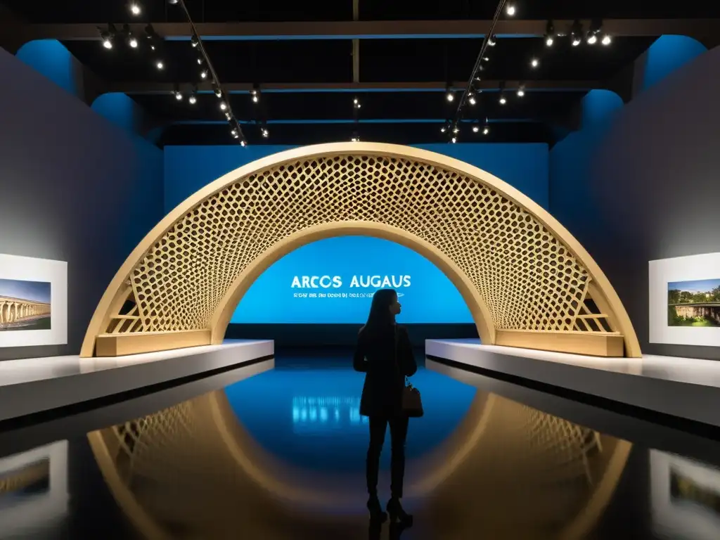 Exhibición 'Arcos y Aguas' de puentes icónicos en galería con iluminación dramática, detallando la historia y cultura de la arquitectura de puentes