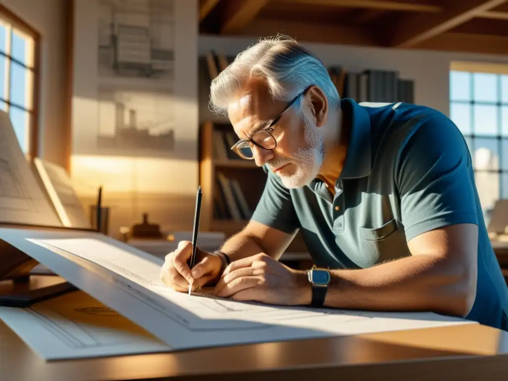 Un arquitecto famoso concentrado en el proceso creativo de diseñar puentes, rodeado de bocetos, planos y maquetas detalladas