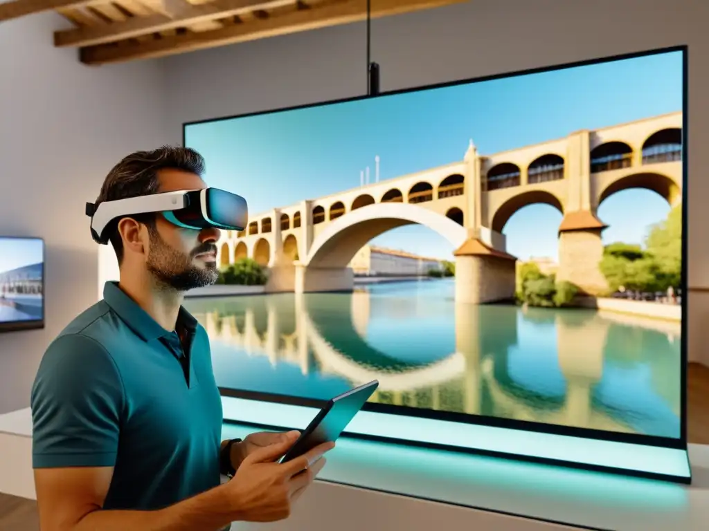 Arquitecto usando gafas de realidad aumentada y tablet para visualizar modelo 3D del Puente del Gard en moderno estudio arquitectónico