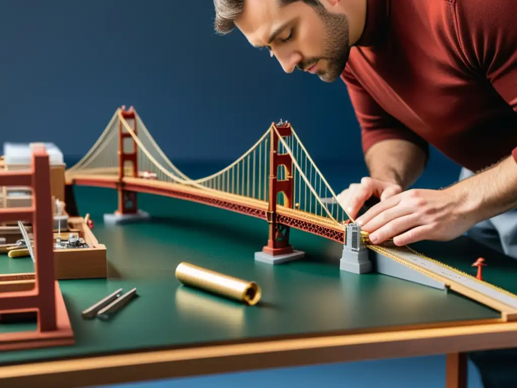 Arquitecto construyendo maqueta detallada del Puente Golden Gate, reflejando dedicación y precisión en entorno de taller práctico