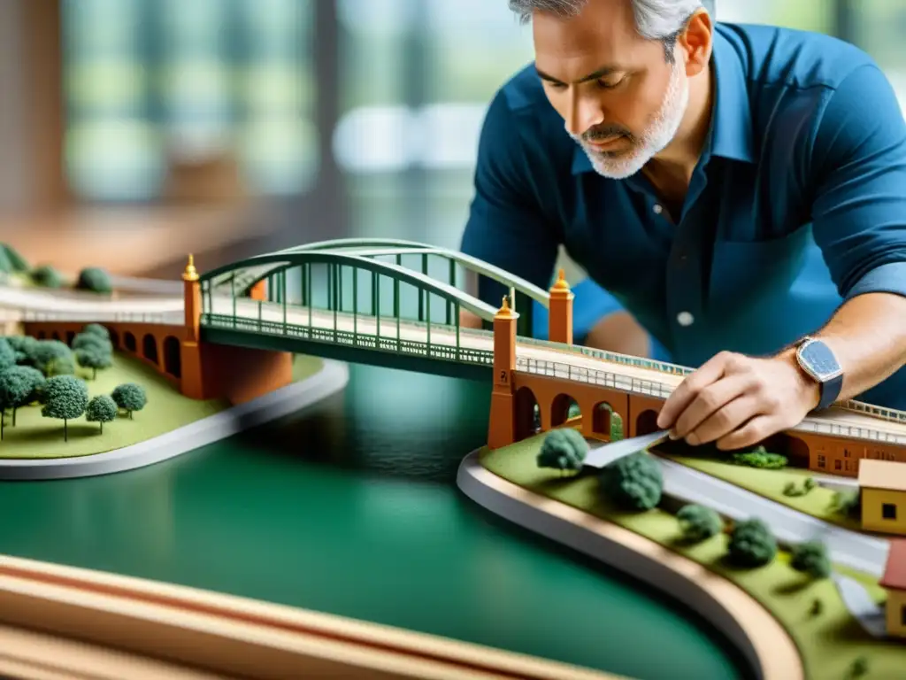 Un arquitecto meticuloso construyendo una maqueta detallada de un icónico puente, rodeado de herramientas y materiales