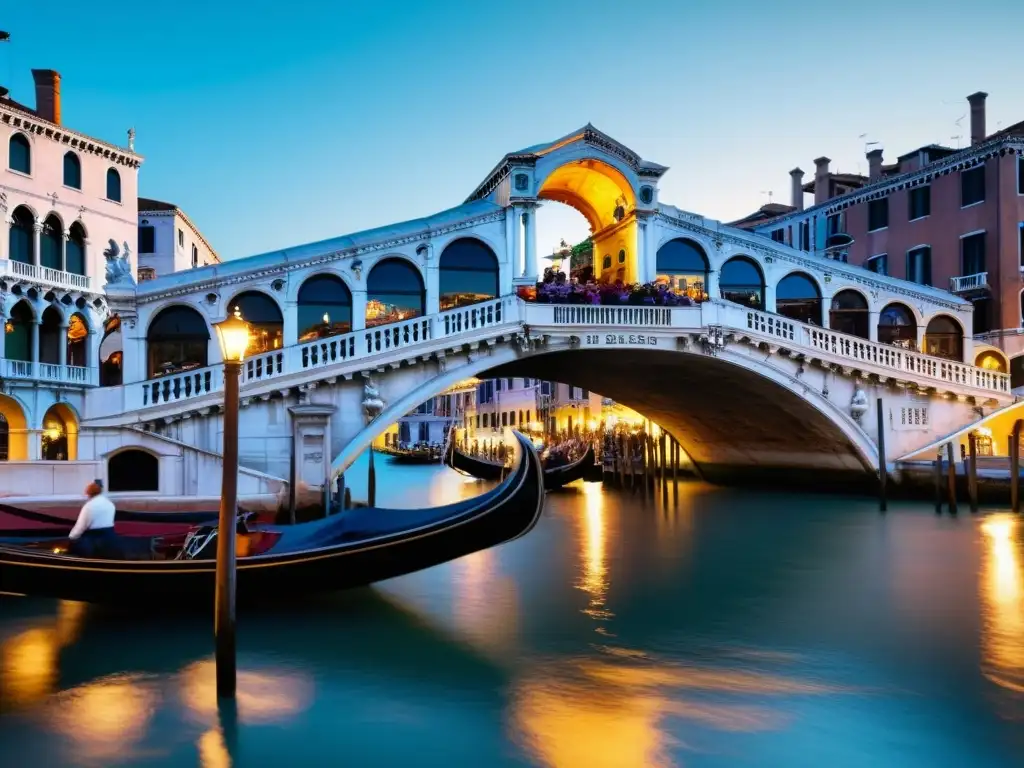 Rialto Bridge en Venecia, capturando su arquitectura detallada, reflejos en el agua y la actividad bulliciosa a lo largo del Gran Canal