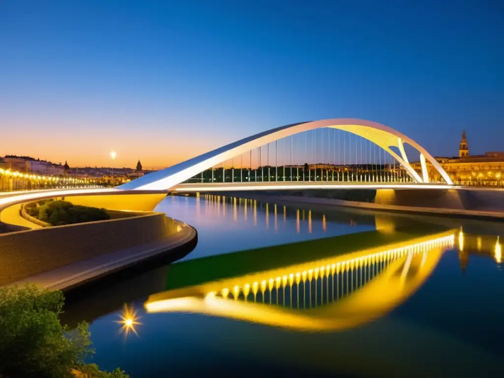 Arquitectura futurista del Puente de Alamillo en Sevilla, con su diseño moderno y luces urbanas al atardecer