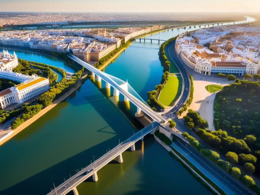 Arquitectura futurista del Puente de Alamillo en Sevilla, destacando su diseño cableado y su elegante presencia sobre el río