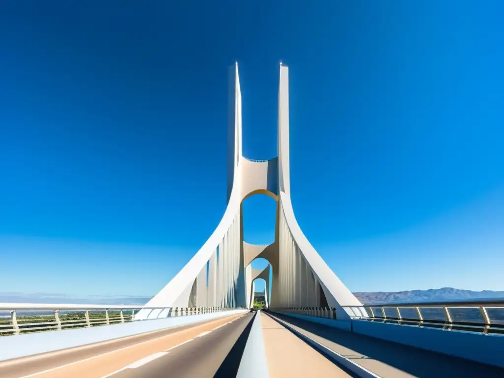 Arquitectura futurista del Puente de Alamillo: diseño innovador y moderno con líneas elegantes, reflejando la luz del sol en su estructura metálica