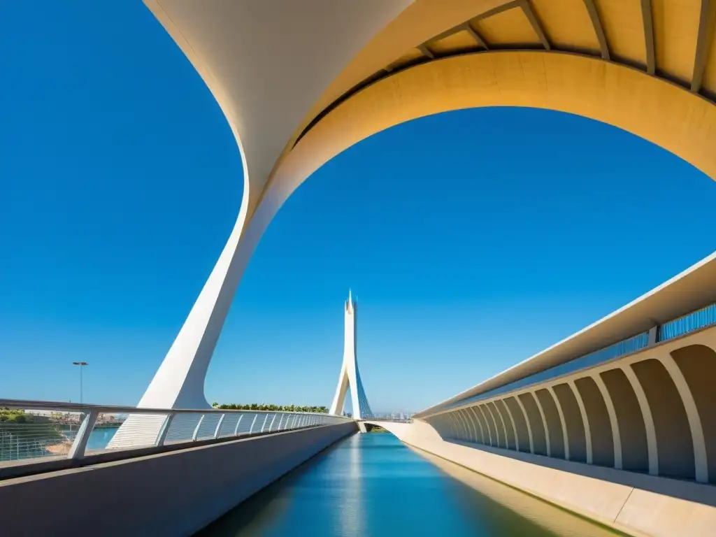 Arquitectura futurista del Puente de Alamillo en Sevilla, destacando su innovador diseño y líneas dinámicas sobre el cielo azul