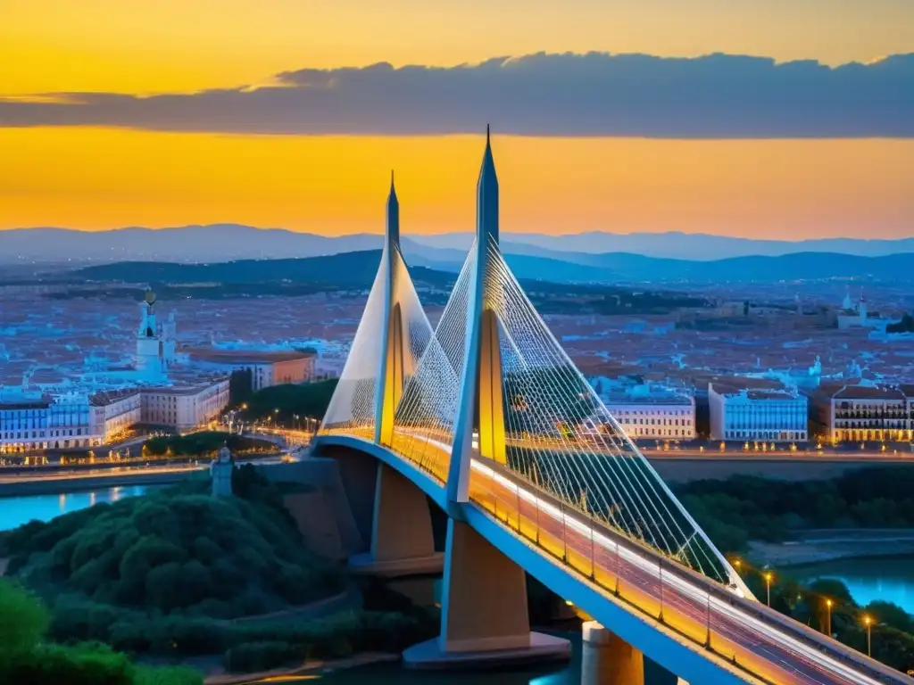 La arquitectura futurista del Puente de Alamillo destaca entre la vibrante ciudad de Sevilla, con sus intrincados cables y diseño moderno