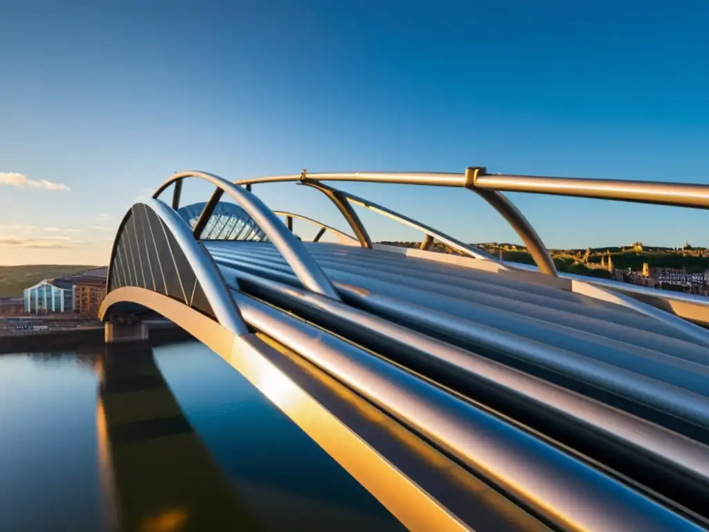 La arquitectura innovadora del Puente Gateshead capturada en la hora dorada, con sombras dramáticas resaltando su diseño moderno y elegante