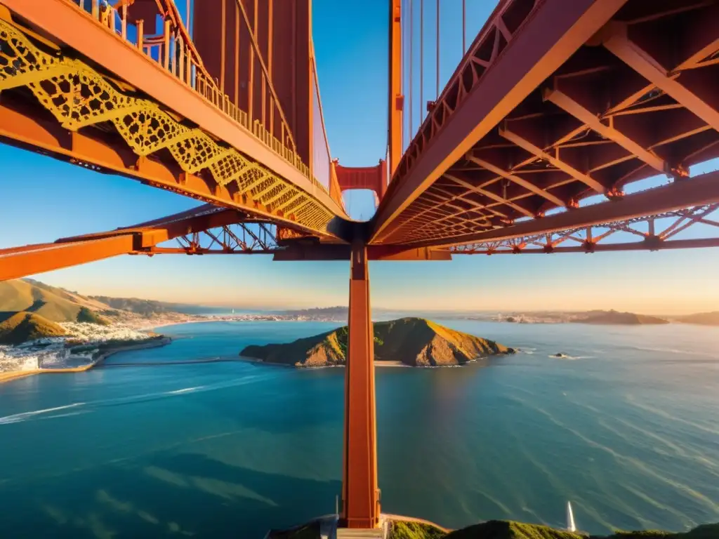 Arquitectura de puentes icónicos: Vista impresionante del Puente Golden Gate al atardecer, destacando su diseño elegante y detalles estructurales