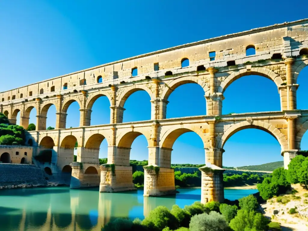 Arquitectura de puentes impresionantes: Antiguo acueducto romano Pont du Gard en Francia, bañado por cálida luz solar entre exuberante vegetación