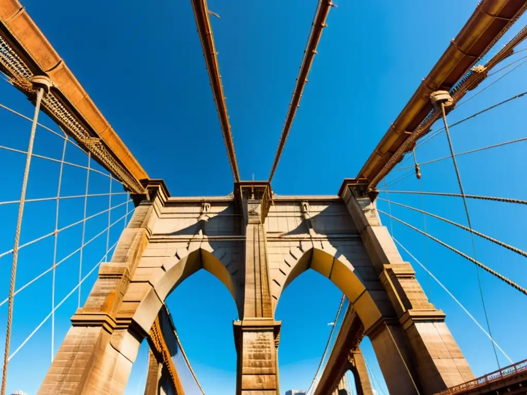 Arquitectura única del Puente Brooklyn: Detalle de cables de acero y arcos, con sombras dramáticas bajo la luz del sol