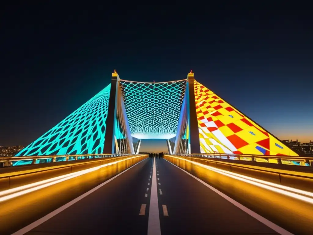 Arte interactivo en puentes icónicos: proyección de arte digital vibrante y dinámico en un puente masivo durante la noche