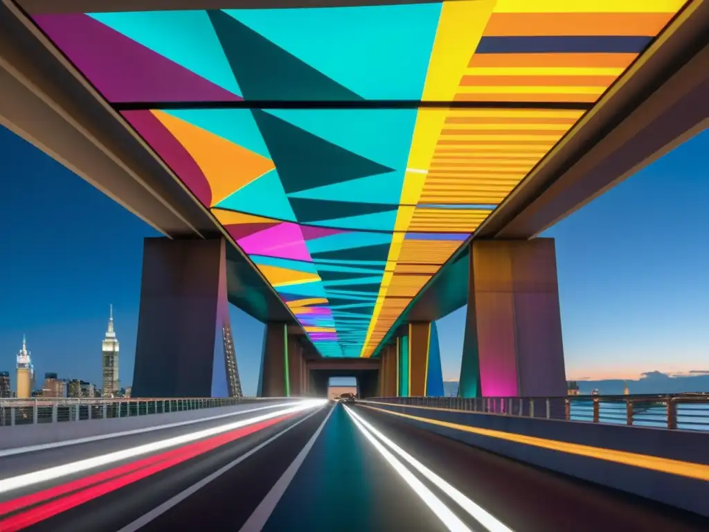 Arte interactivo en puentes icónicos: Proyección futurista de colores vibrantes y patrones geométricos, creando asombro y maravilla