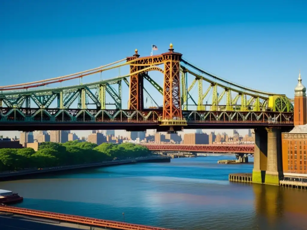 Arte urbano en el Puente Williamsburg: Graffiti vibrante contrasta con la estructura industrial, bañado por la luz dorada