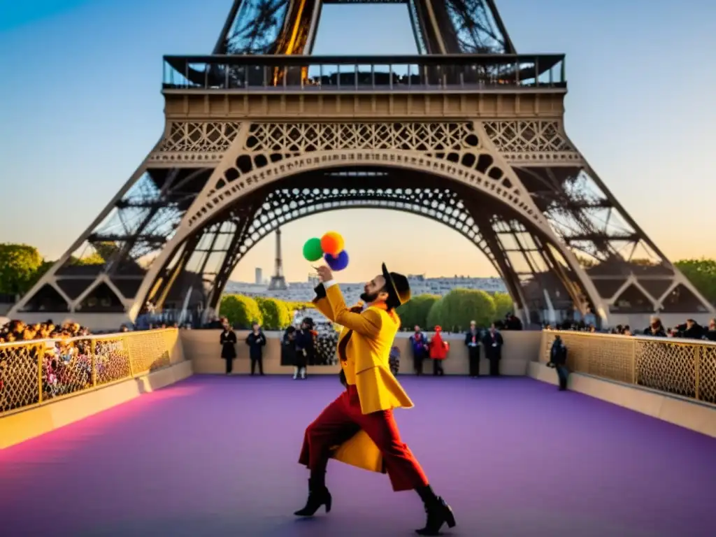 Artistas callejeros realizan performances teatrales en el icónico Pont des Arts de París, con la Torre Eiffel de fondo, en una cálida tarde parisina