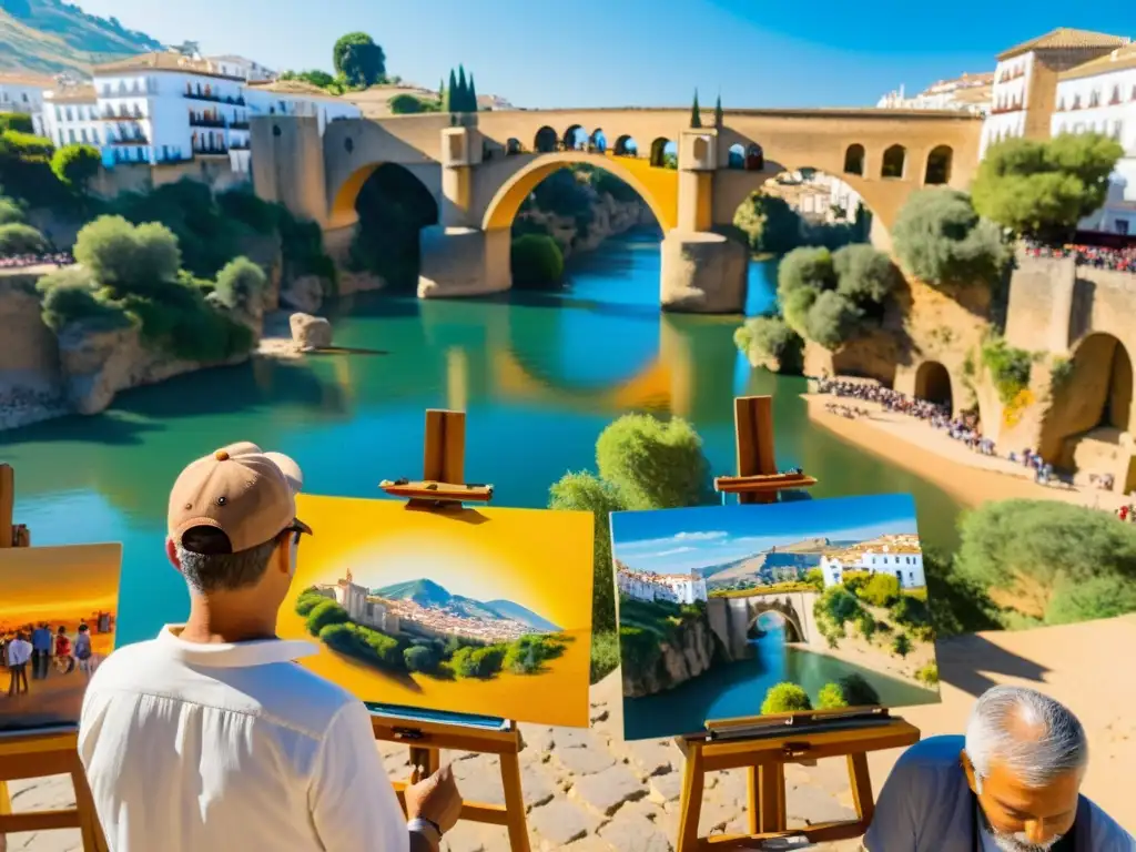 Artistas pintando el Puente Nuevo de Ronda en un concurso de pintura rápida, con expresiones concentradas y pinceladas vibrantes