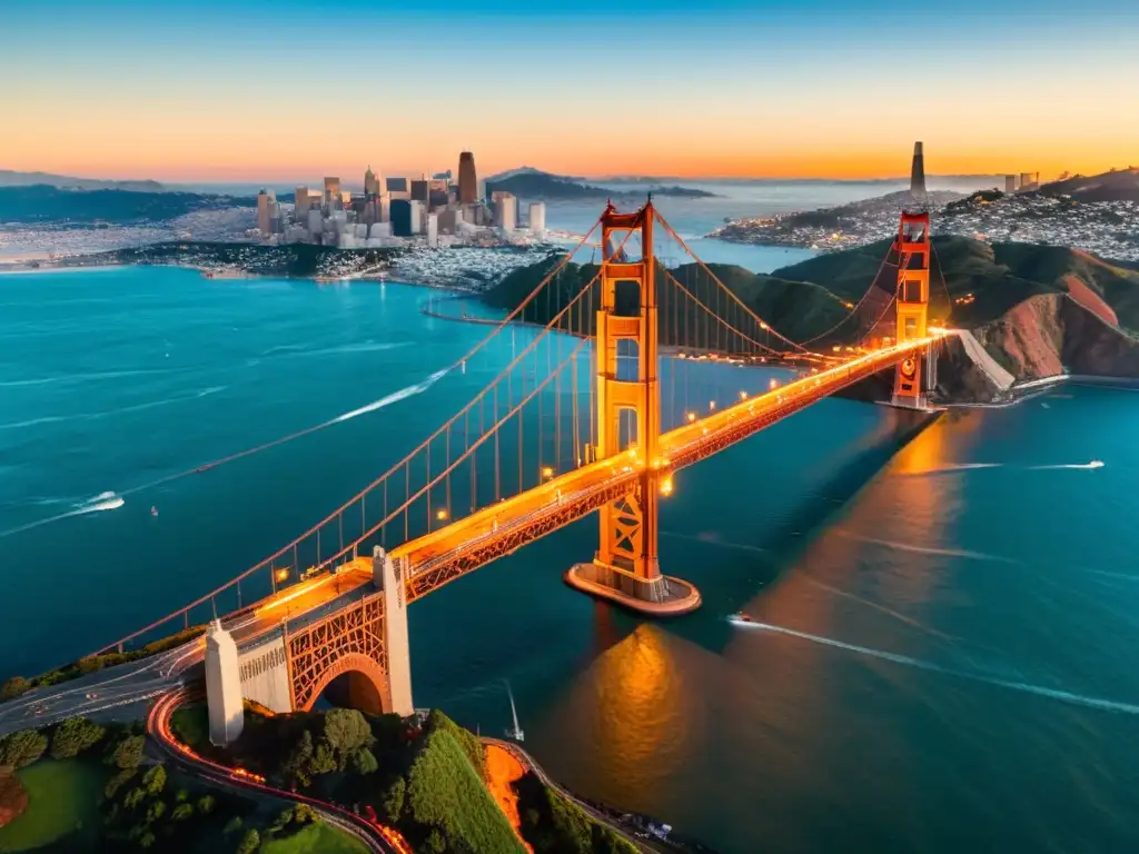 Un atardecer cálido ilumina el icónico Puente Golden Gate, destacando su imponente arquitectura sobre las aguas azules