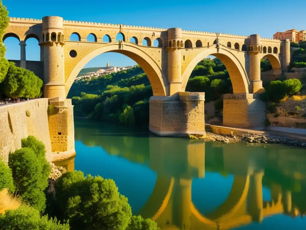 Puente de Alcántara: Elegancia romana sobre el río Tajo Un atardecer cálido ilumina el Puente de Alcántara sobre el río Tajo en España, representación literaria de puentes icónicos