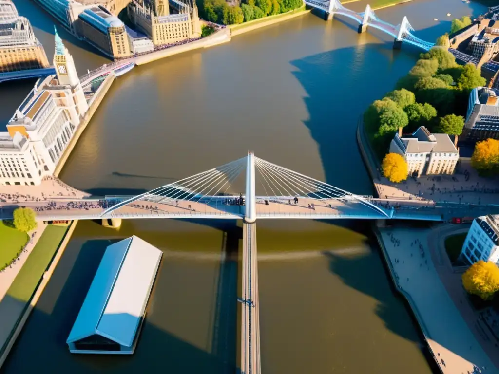 Un atardecer cálido ilumina el Puente del Milenio sobre el Támesis en Londres, destacando su diseño urbano y su integración en el paisaje