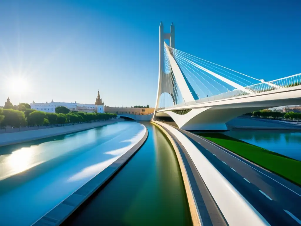 Un atardecer dinámico destaca la arquitectura futurista del Puente de Alamillo en Sevilla, con sus elegantes cables blancos