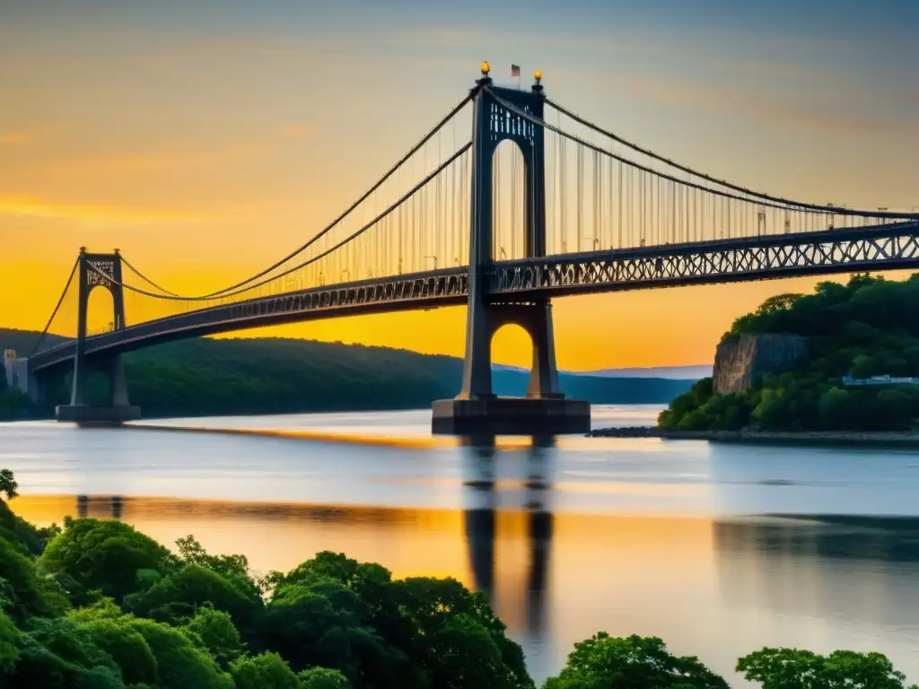 Un atardecer dorado ilumina la arquitectura del puente Henry Hudson sobre el río, honrando su historia y arquitectura