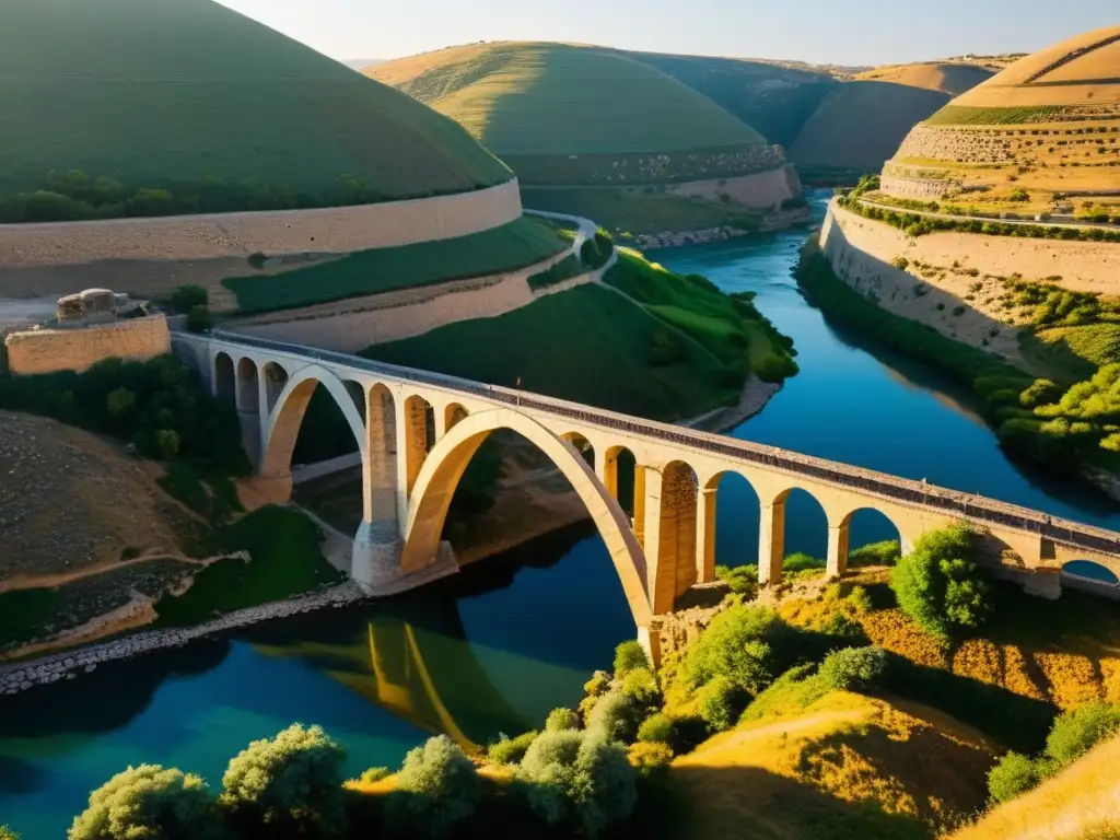 Un atardecer dorado baña el histórico Puente de Malabadi en Turquía, resaltando sus arcos de piedra y la belleza natural