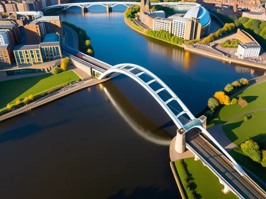 Un atardecer dorado baña el innovador Puente Gateshead Millennium, destacando su diseño arquitectónico futurista y su mecanismo de inclinación