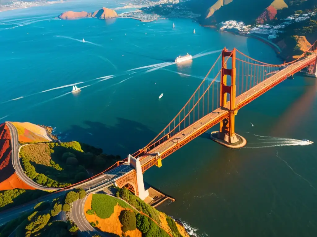 Un atardecer dorado ilumina el icónico Puente Golden Gate en San Francisco, símbolo cultural y maravilla ingenieril