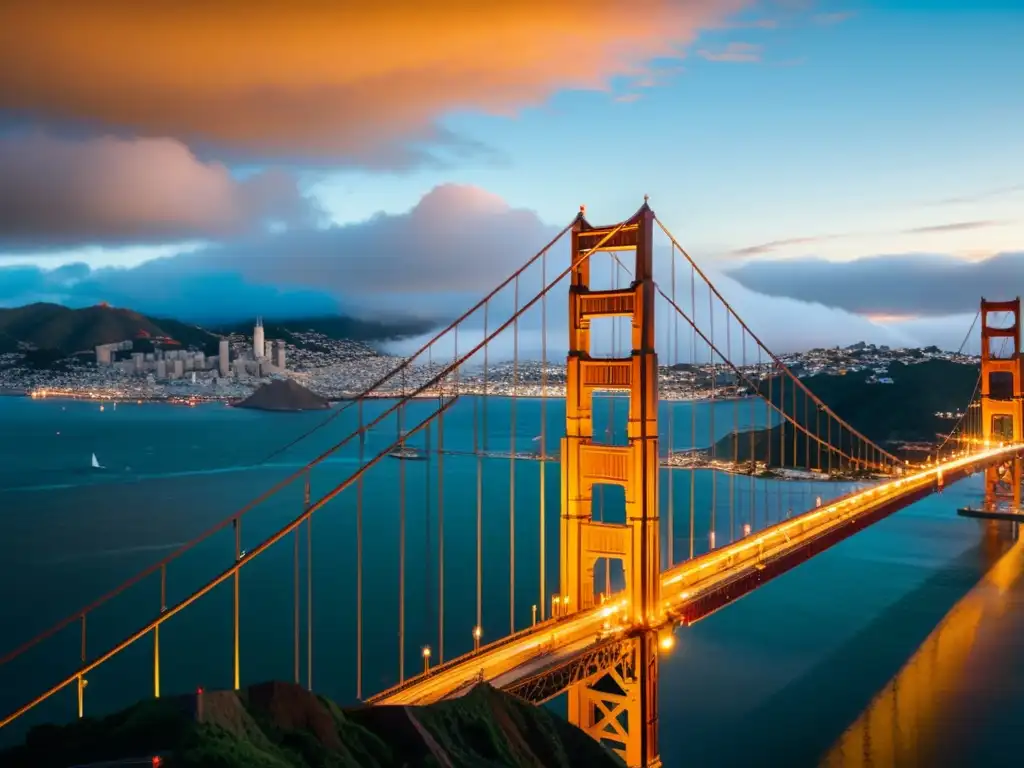 Un atardecer dorado ilumina el icónico puente Golden Gate en San Francisco, mostrando su majestuosidad y belleza atemporal