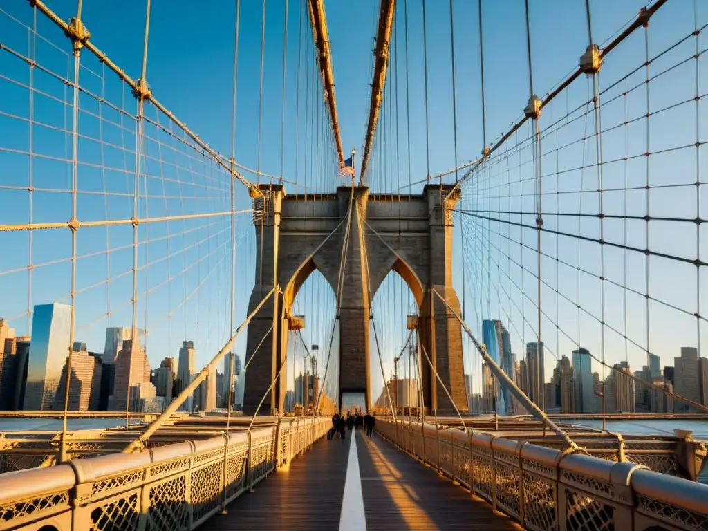 Un atardecer dorado ilumina el icónico Puente de Brooklyn sobre el río East, mostrando su majestuosa estructura