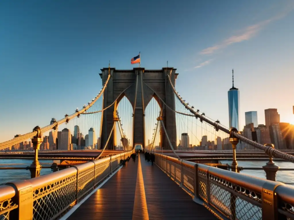 Un atardecer dorado ilumina el icónico puente de Brooklyn, con sus arcos góticos y cables de acero