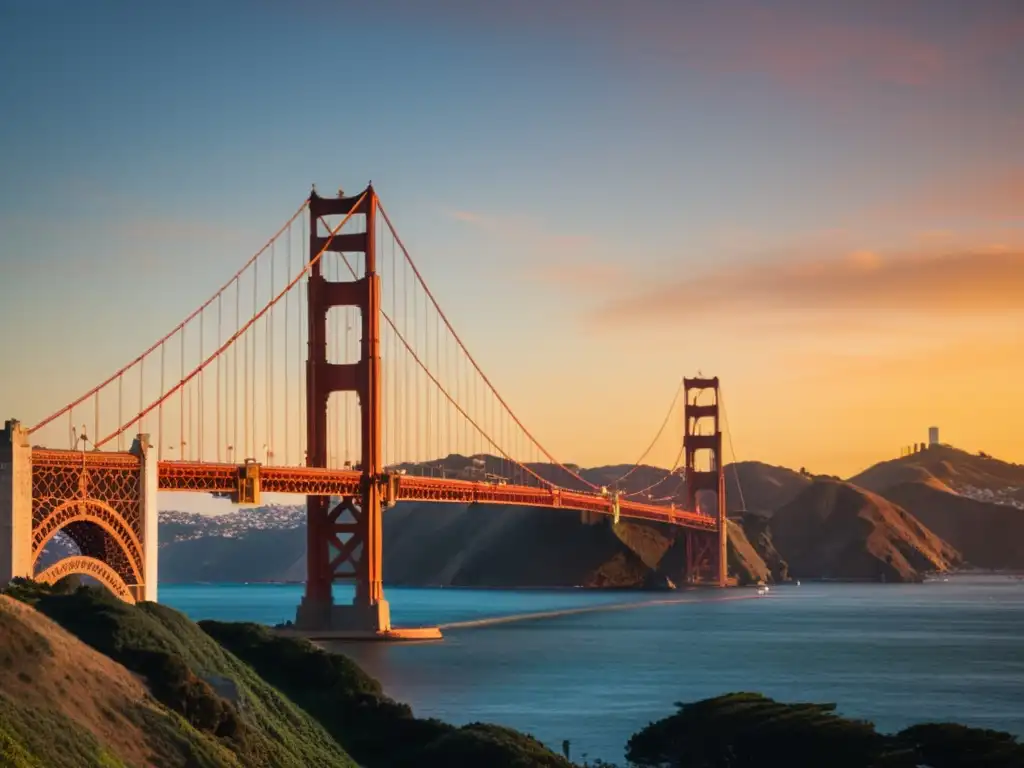 Un atardecer dorado en el icónico Puente Golden Gate de San Francisco, con vistas marítimas impresionantes