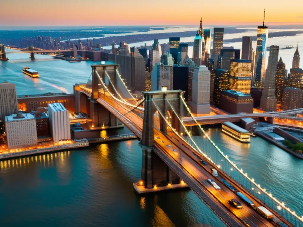 Un atardecer dorado ilumina el impresionante puente de Brooklyn, destacando su diseño monumental y su historia cultural