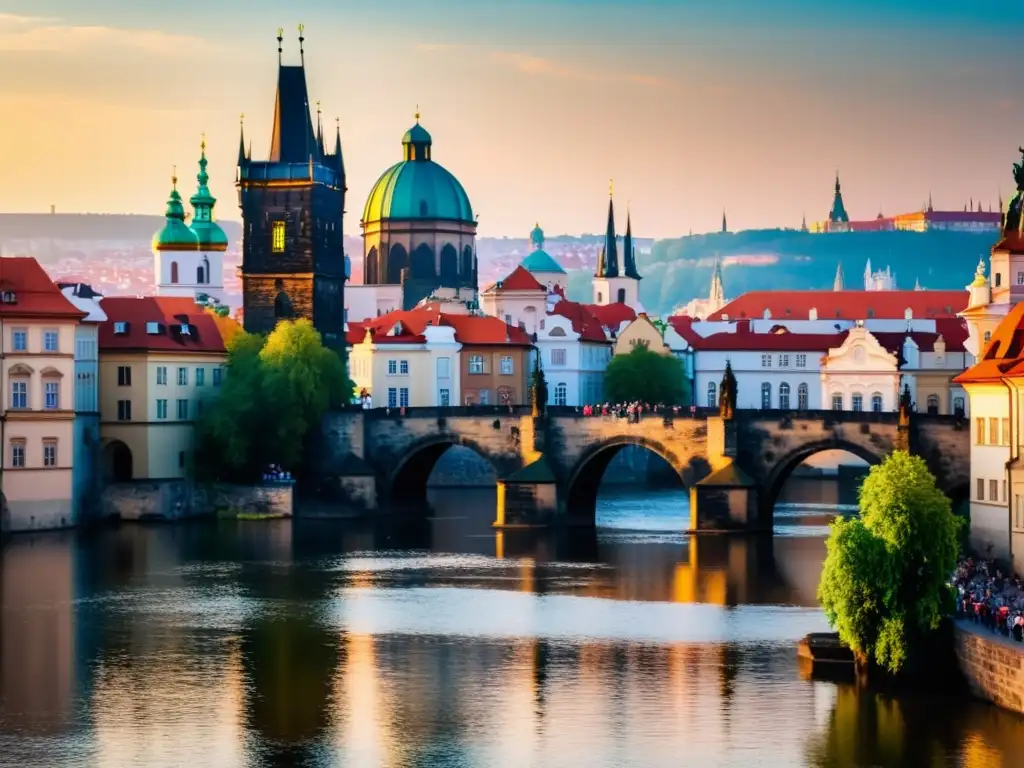 'Atardecer dorado ilumina la majestuosa arquitectura gótica y la historia del Puente de Carlos en Praga, con actividad peatonal'