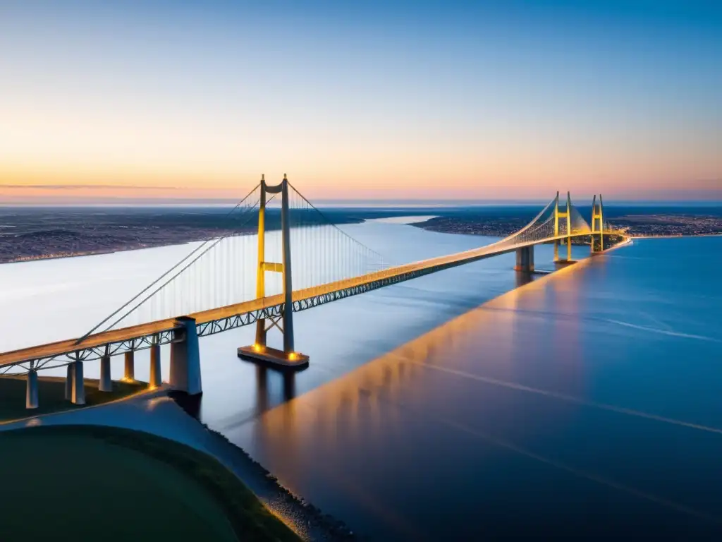 Innovación en el Puente Øresund: Atardecer dorado ilumina su moderna arquitectura sobre el estrecho entre Dinamarca y Suecia