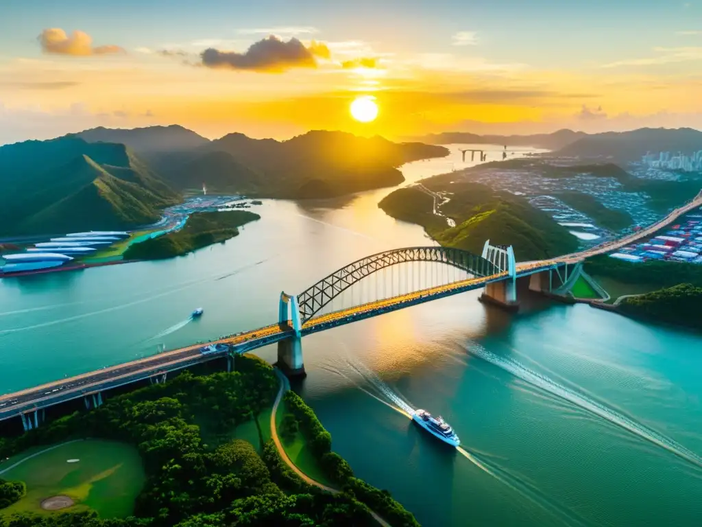 Atardecer dorado sobre el Puente del Atlántico en Panamá, con el Canal de Panamá a sus pies y una exuberante vegetación