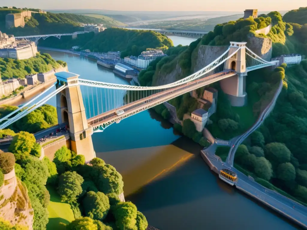 Un atardecer dorado ilumina el Puente Colgante de Clifton representación 3D, resaltando su belleza y grandeza