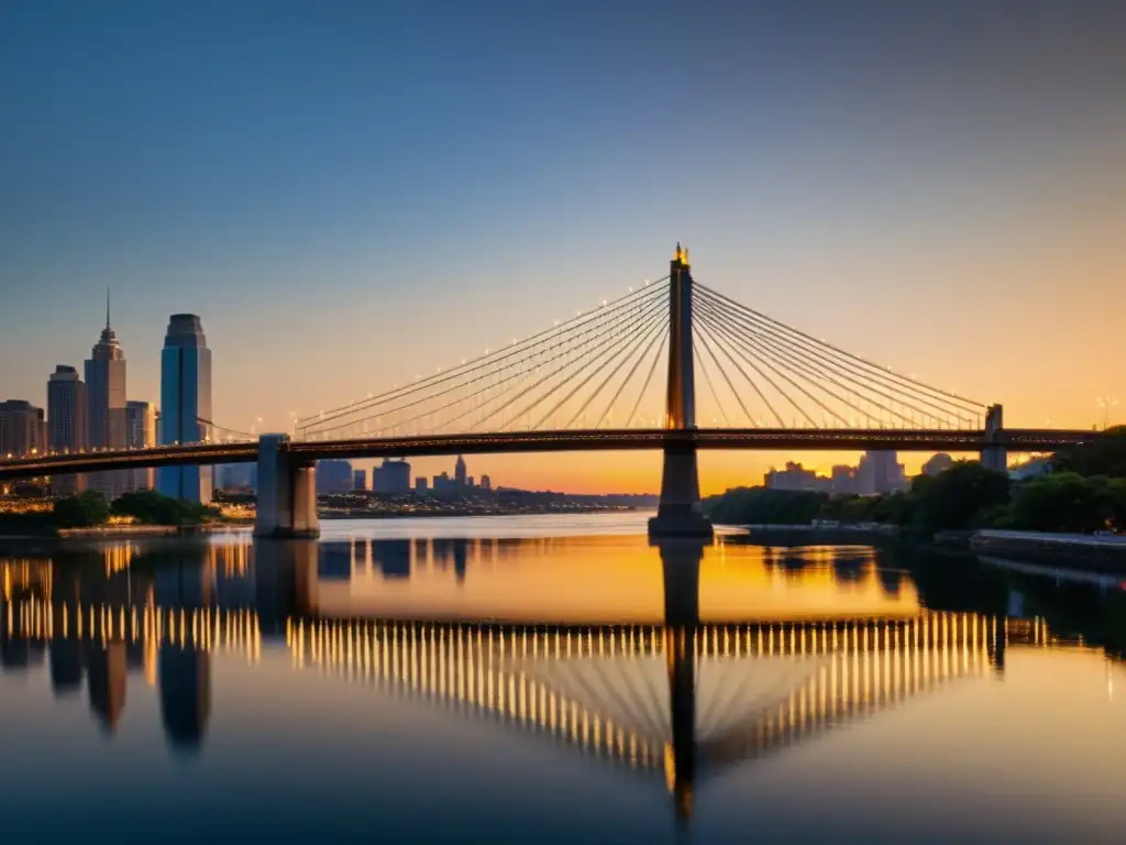 Un atardecer dorado ilumina un puente icónico sobre un río, destacando su intrincado diseño