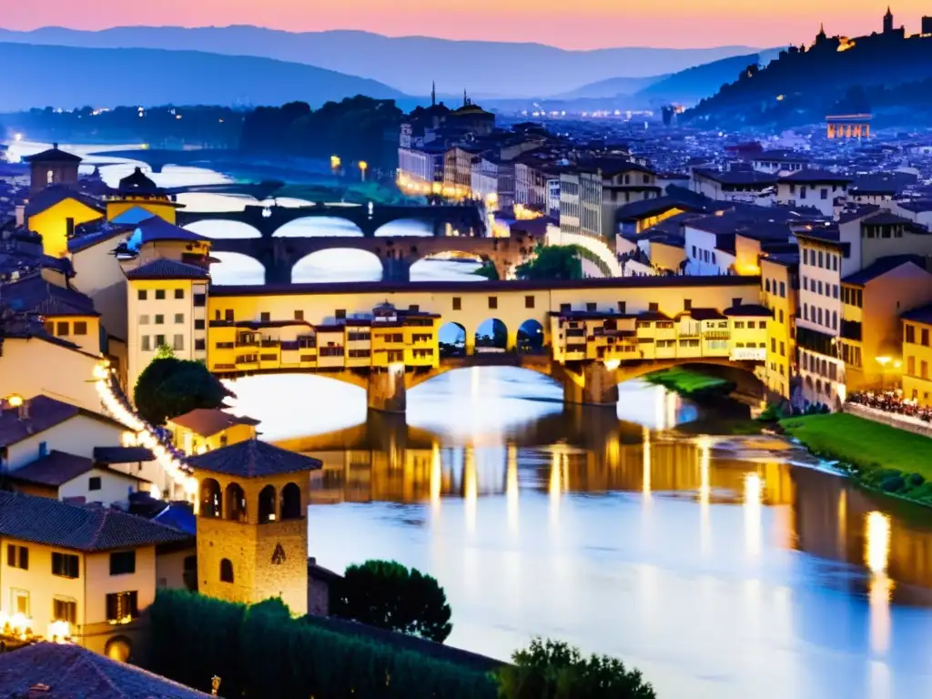 Ponte Vecchio al atardecer: belleza eterna en Florencia Un atardecer dorado ilumina el icónico Ponte Vecchio en Florencia, Italia, con el río Arno debajo