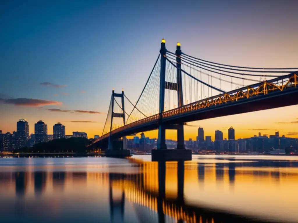 Un atardecer dramático sobre el horizonte de la ciudad, con un imponente puente iluminado por la cálida luz dorada