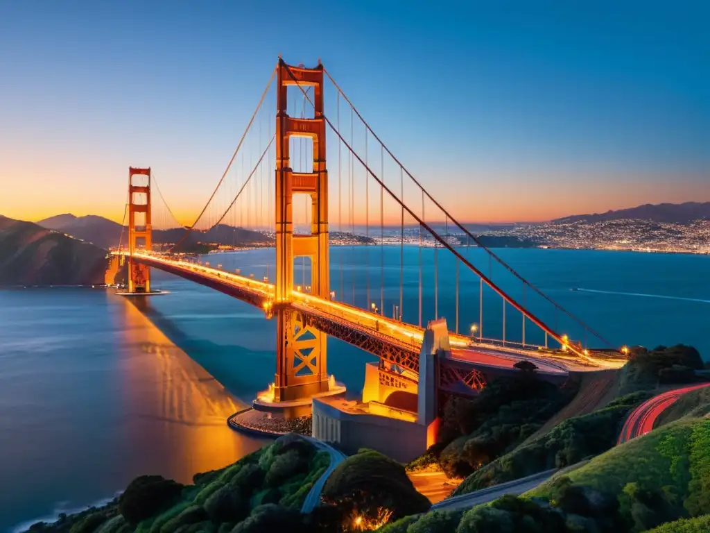 El Puente Golden Gate resplandece al atardecer, destacando la estética aplicada en ingeniería de puentes