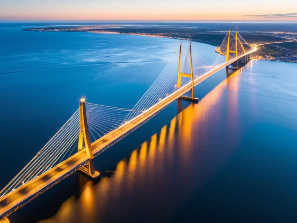 El Puente Oresund conecta Suecia y Dinamarca al atardecer, reflejando historia y arquitectura en un ambiente cálido y majestuoso