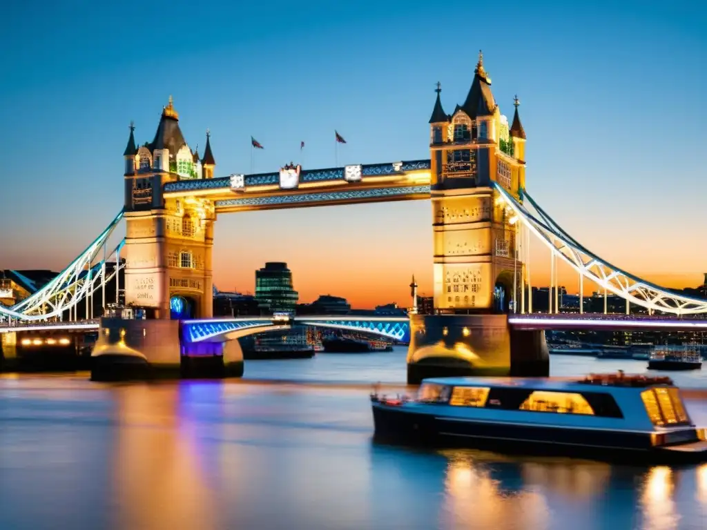 El icónico Tower Bridge de Londres al atardecer, iluminado por el sol y reflejado en el río Támesis, con barcos pasando