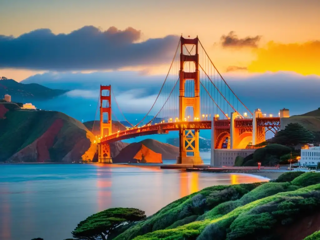 Un atardecer impresionante en el icónico Puente Golden Gate, fotografiado por un talentoso fotógrafo de viajes puentes emblemáticos