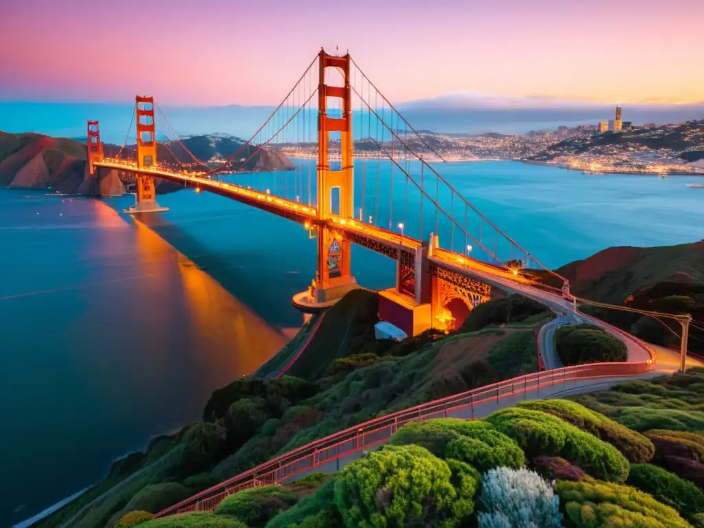 Un atardecer mágico en el icónico Puente Golden Gate en San Francisco, resaltando su majestuosa arquitectura y su significado cultural