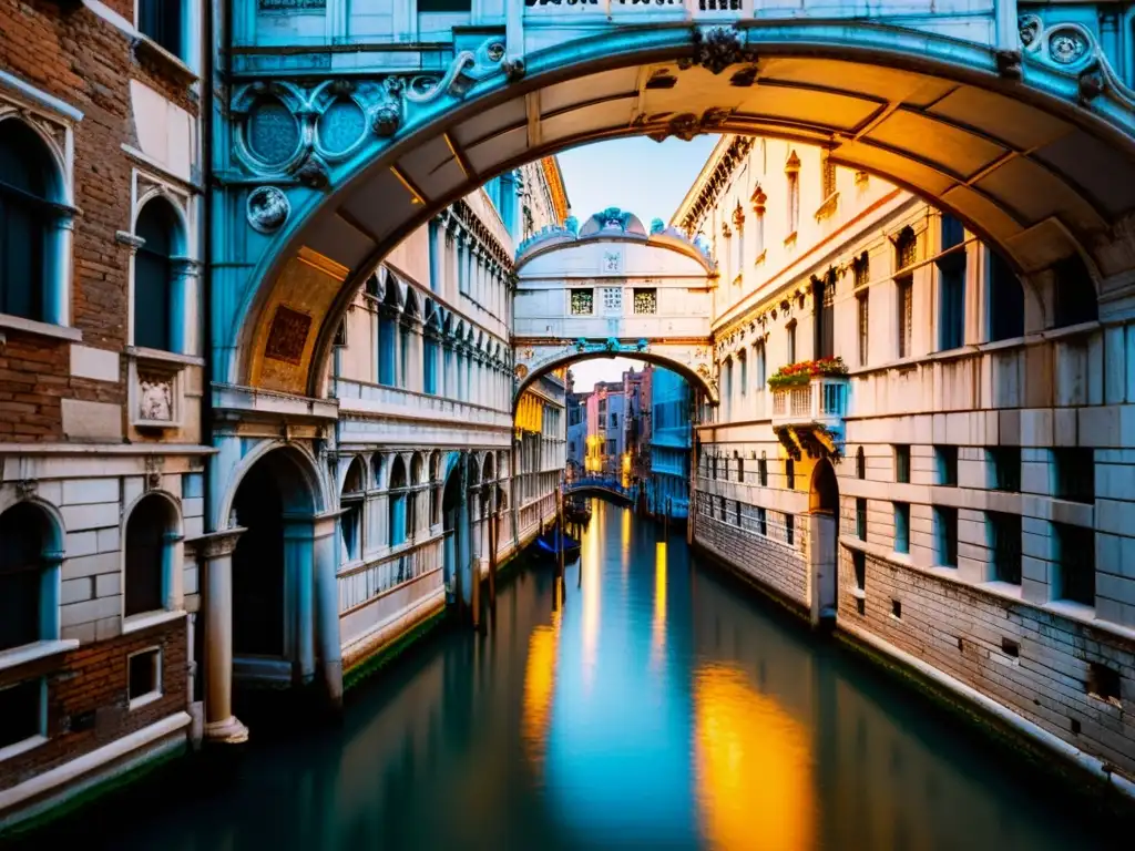 Un atardecer mágico ilumina los secretos del Puente de los Suspiros en Venecia, revelando su arquitectura única y su encanto eterno