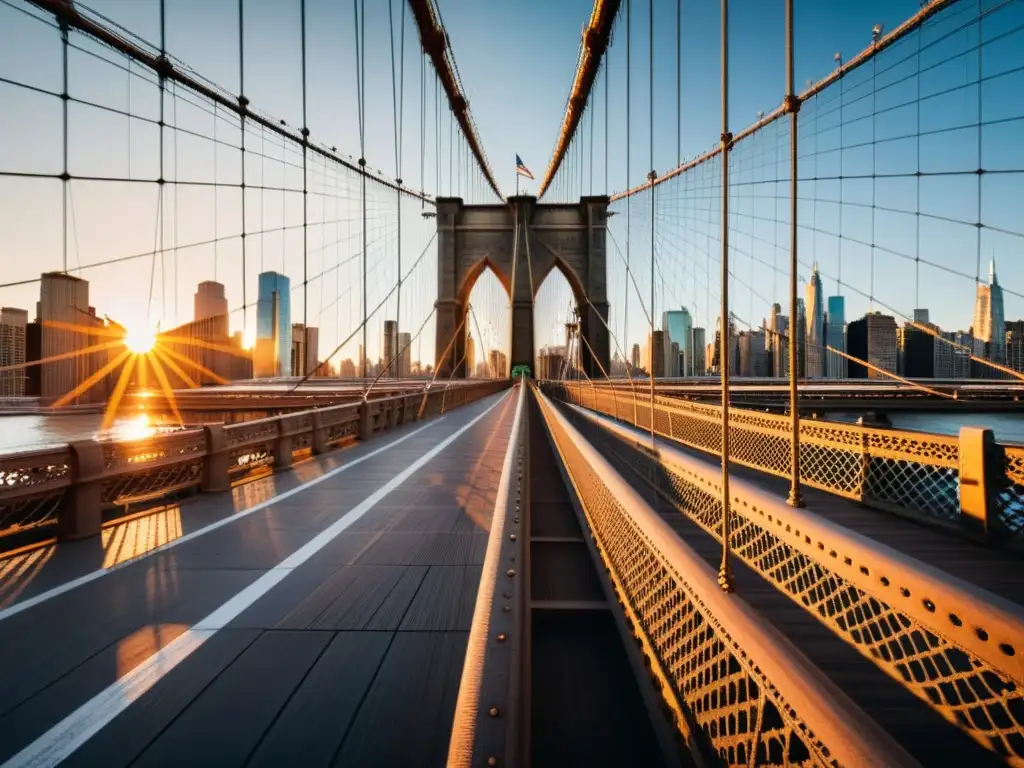 Un atardecer majestuoso en el puente de Brooklyn con la ciudad al fondo, reflejando el sol